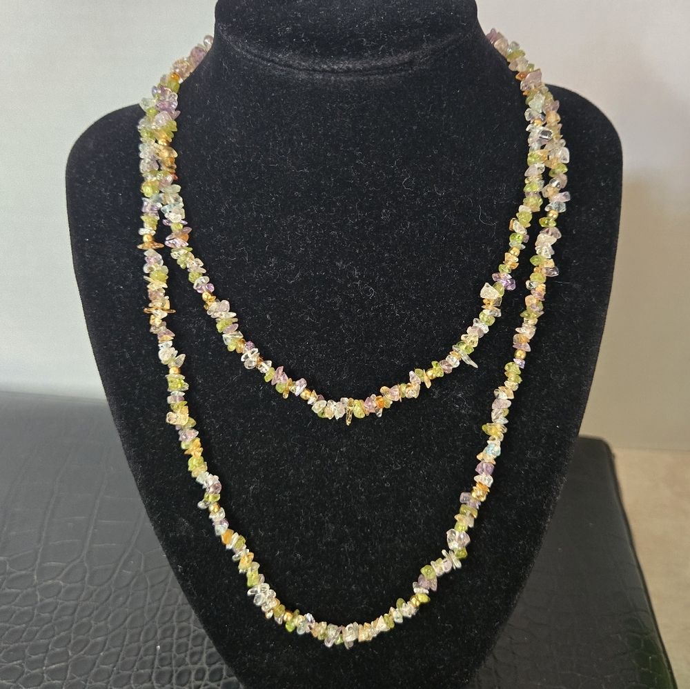 Rainbow Flourite Crystal Chips with Goldtone Beads Necklace 35"